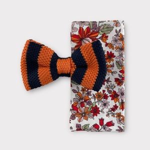 Men’s Orange Striped Knit Bow Tie & Floral Pocket Square Set